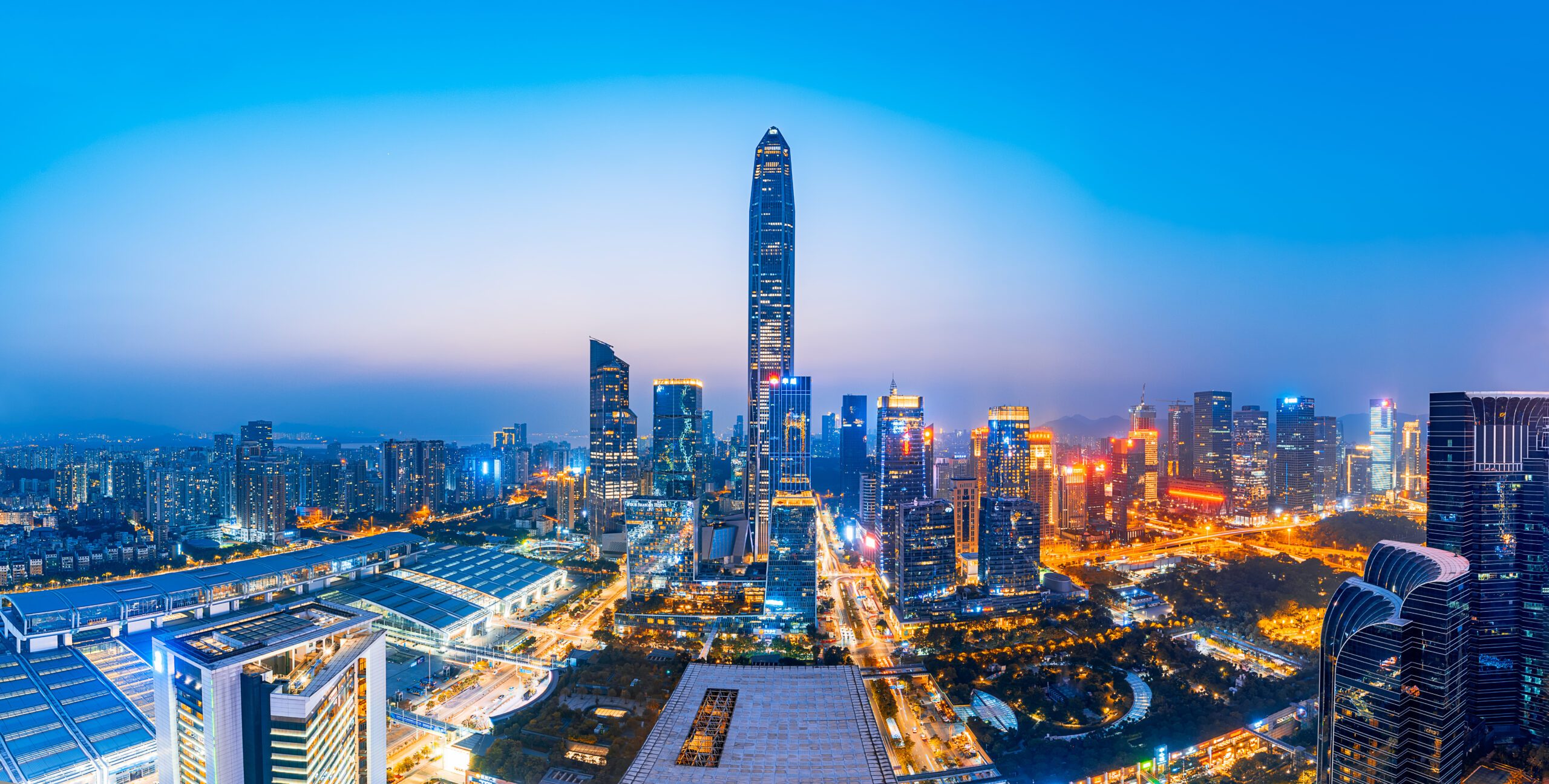 Skyline scenery at sunset in Futian CBD, Shenzhen, China